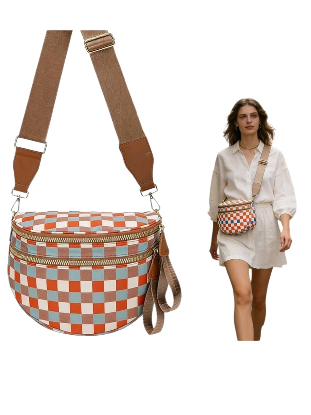 Checkerboard Crossbody Sling Bag - Brown/Blue/White Checkers